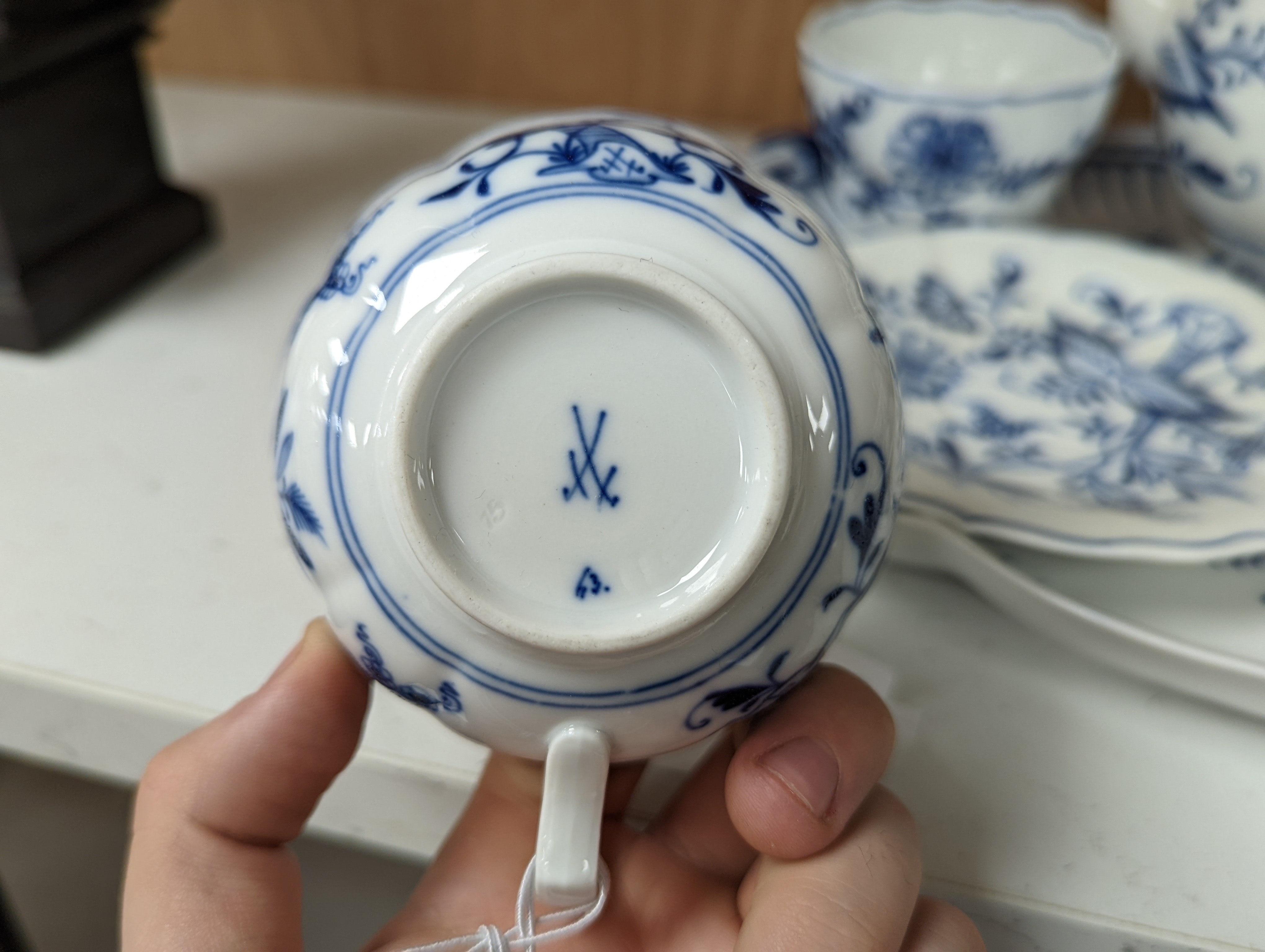 A Meissen blue and white onion pattern part cabaret set with tray, 39.5cm